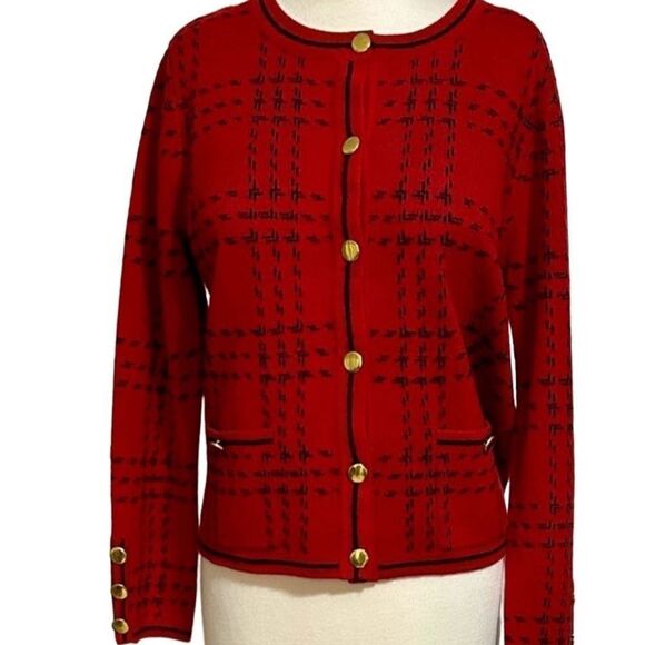 Designers Originals Sweater Petite Large Red with Black Print Acrylic Pockets - Picture 1 of 9